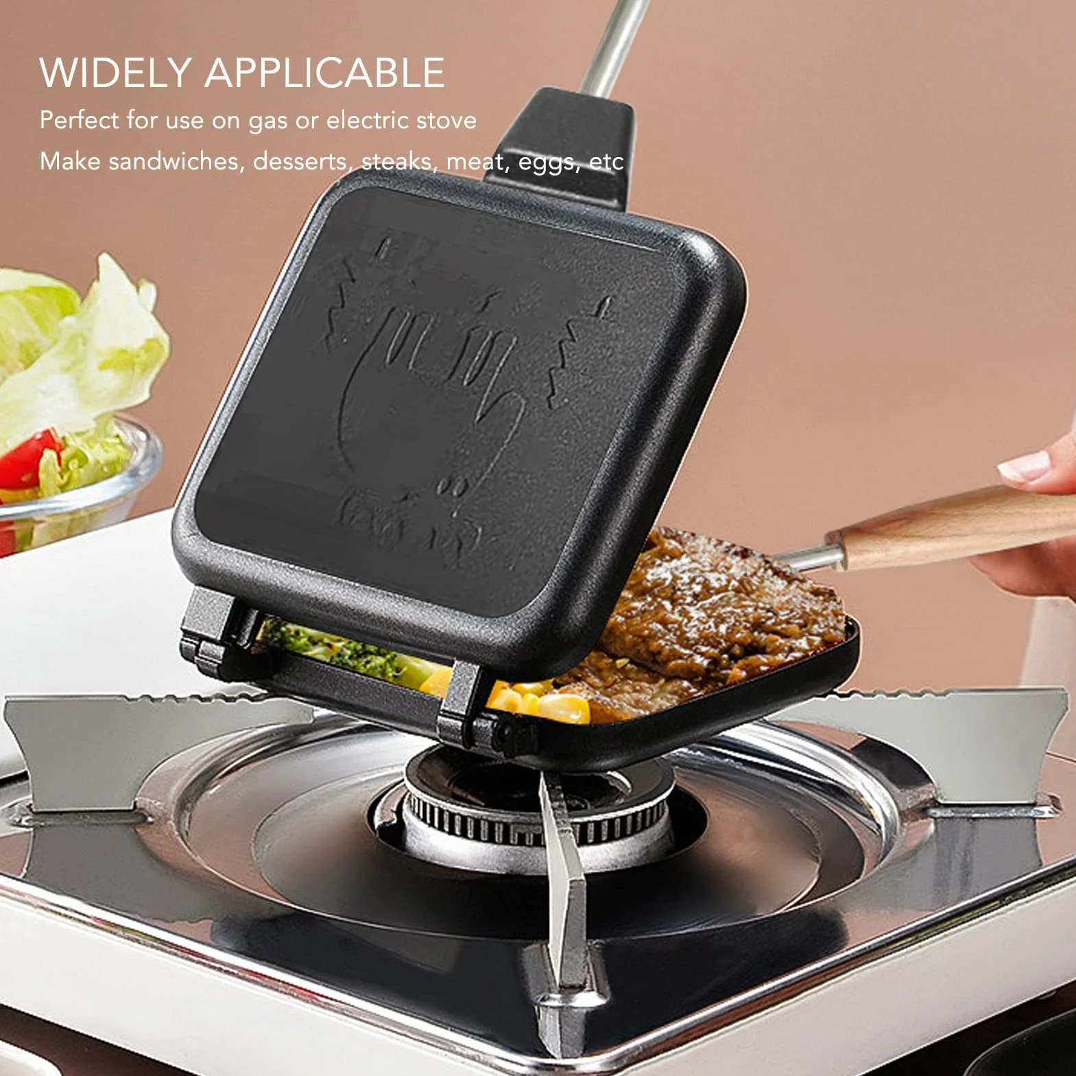 Wisecoco Piastra Grill Doppia Antiaderente, 14x14cm, Padella a Doppia Faccia, Creatore di Panini da Campeggio, Macchina per Waffle a Doppia Faccia, Tostapane per Panini