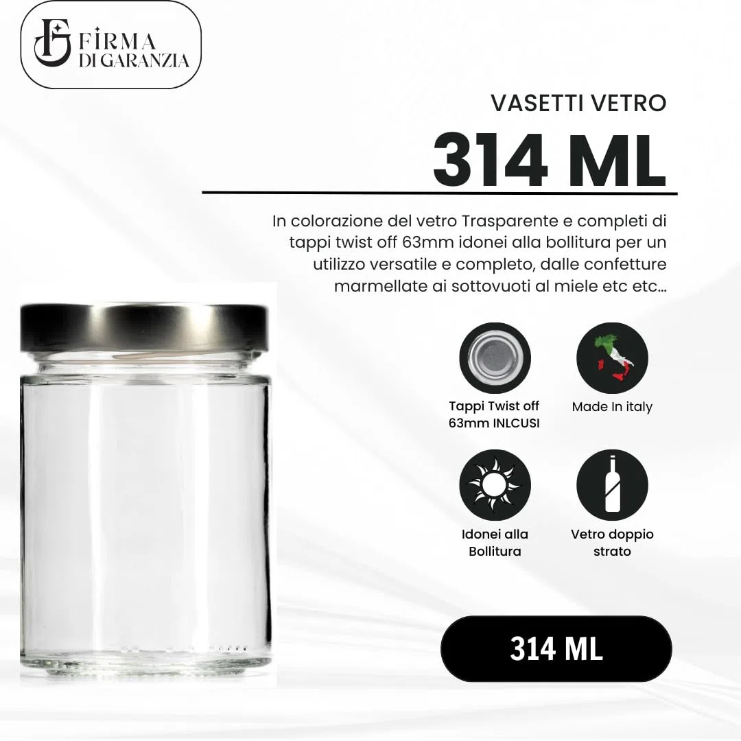 Firmadigaranzia srl Set da 72 Vasi 314 ml Std con Tappi 63 twist off idonei alla bollitura - Vasetti per conserve in vetro da 314 cc in vetro - Made in italy