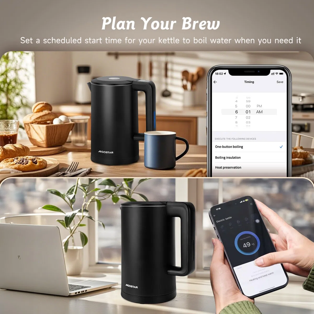 Aigostar Benjamin- Bollitore Smart controllo WLAN compatibile con Alexa e Google Home, Bollitore Elettrico Temperatura Regolabile 40-100 ℃, Doppia Parete, 1,7L 2200W. Funzione di Mantenimento Caldo