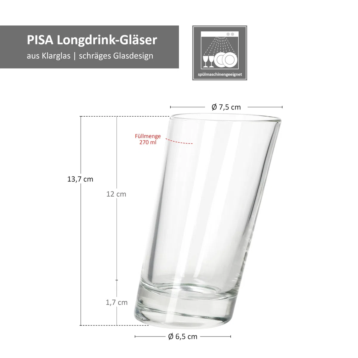 MamboCat Set di 12 bicchieri da long drink Pisa, 270 ml, 12 persone, bicchiere alto obliquo con fondo pesante per acqua, succhi di frutta, caffè, cocktail & Co.