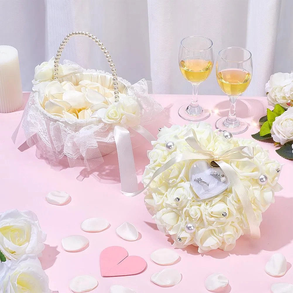 PH PandaHall 1 Set Cesto per Damigelle da Sposa Cesto Nuziale di Perle con Petali Artificiali Cuscino Espositore per Anelli Accessori per Decorazioni Nuziali per Matrimoni