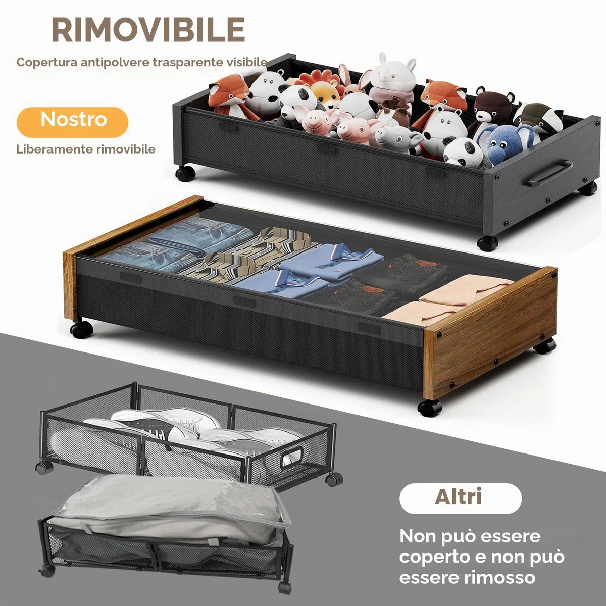 Contenitore sottoletto con ruote, contenitori di legno extra grandi sotto il letto per scarpe, cassetti sotto il letto con rotelle e coperchio trasparente, robusti per vestiti e giocattoli 91,5 cm