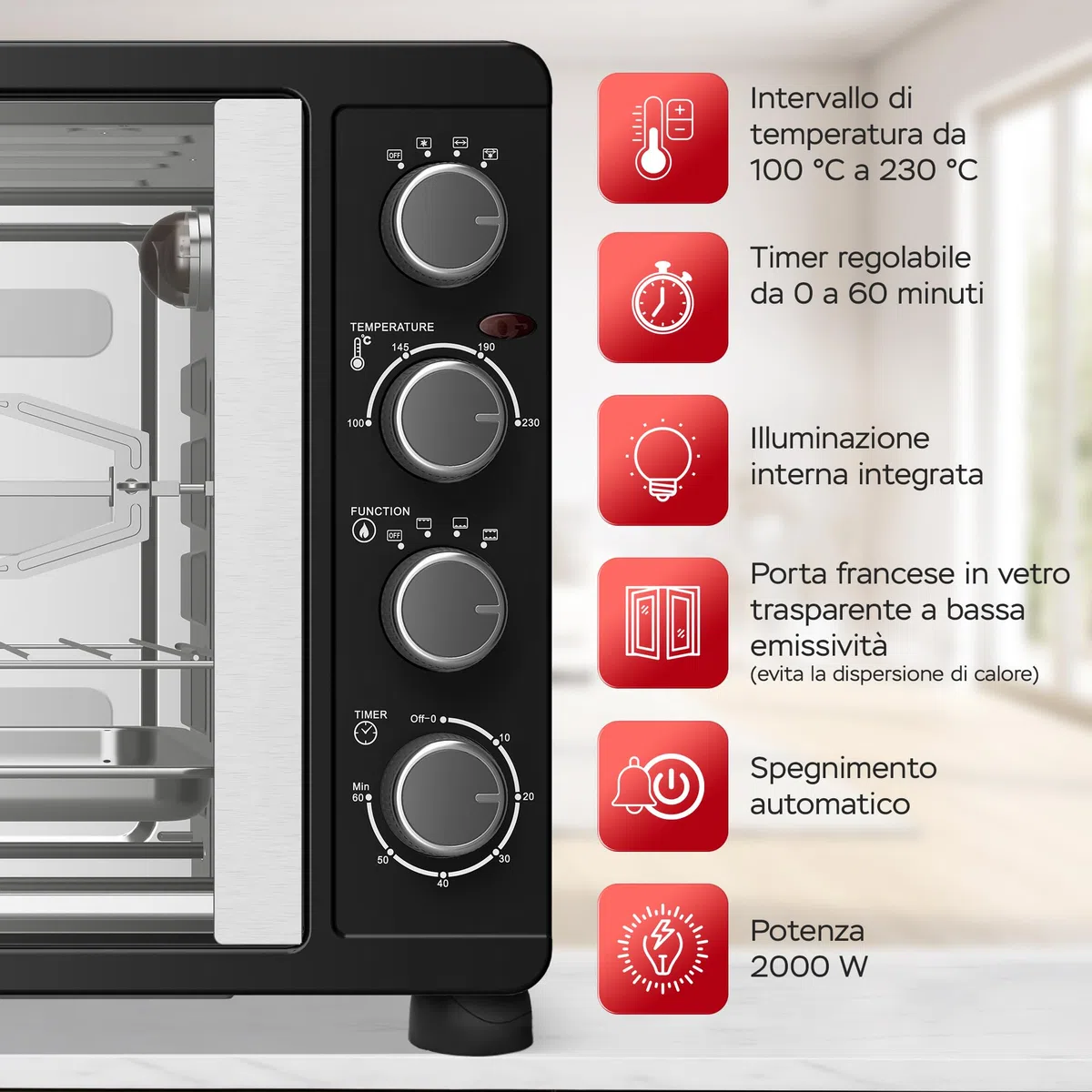 TurboTronic - Mini forno con ventilazione, 45 l, nero, 2000 W, girarrosto, timer, mini forno, pizza, teglia da forno, illuminazione interna