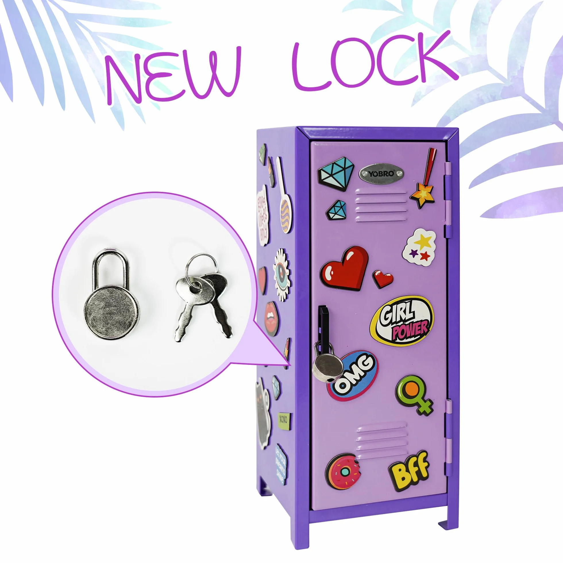 YOBRO Mini armadietto con serratura e 2 chiavi, 24 adesivi decorativi magnetici a tema ragazza, mini armadietti per bambini, armadietto in miniatura per scrivania, casa, camera da letto, viola e viola