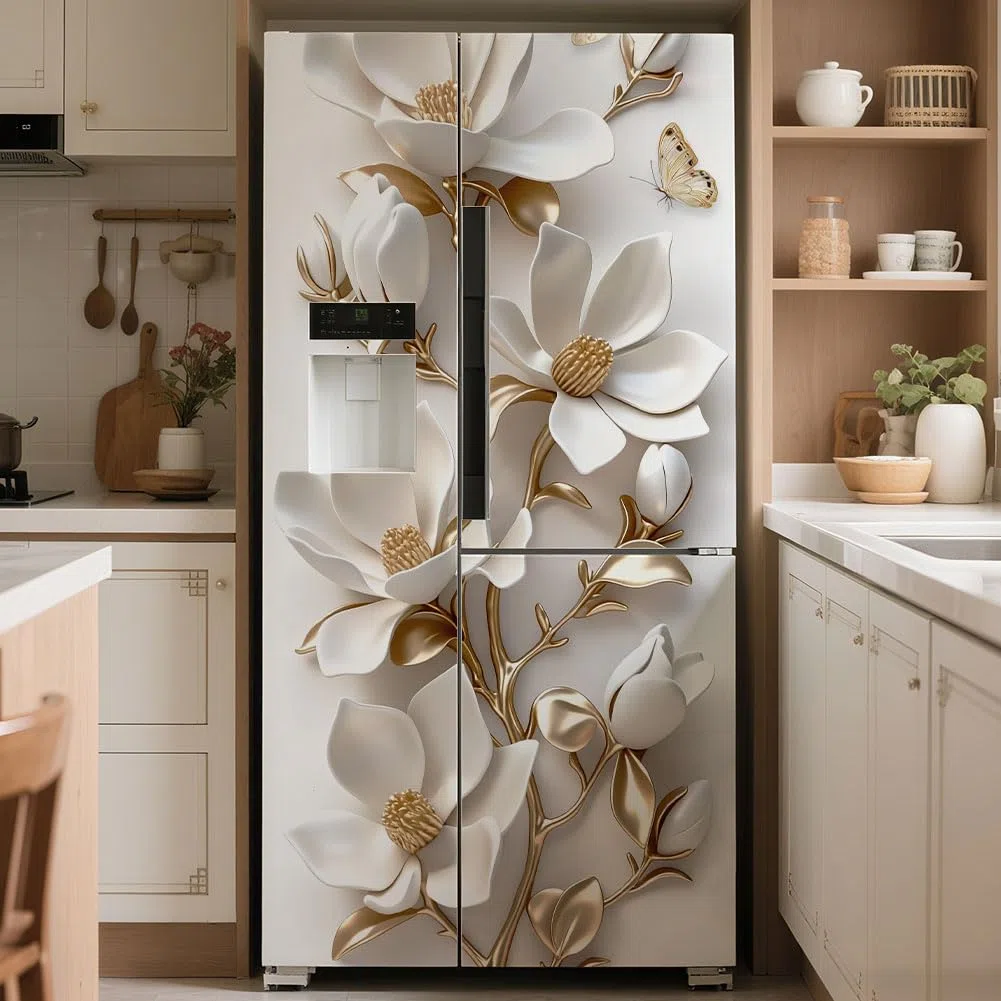 2 involucri rimovibili per frigorifero, motivo orchidea falena in rilievo, autoadesivi, per frigorifero, porte, congelatori, pannelli adesivi per cucina, bar, 41,5 x 200 cm