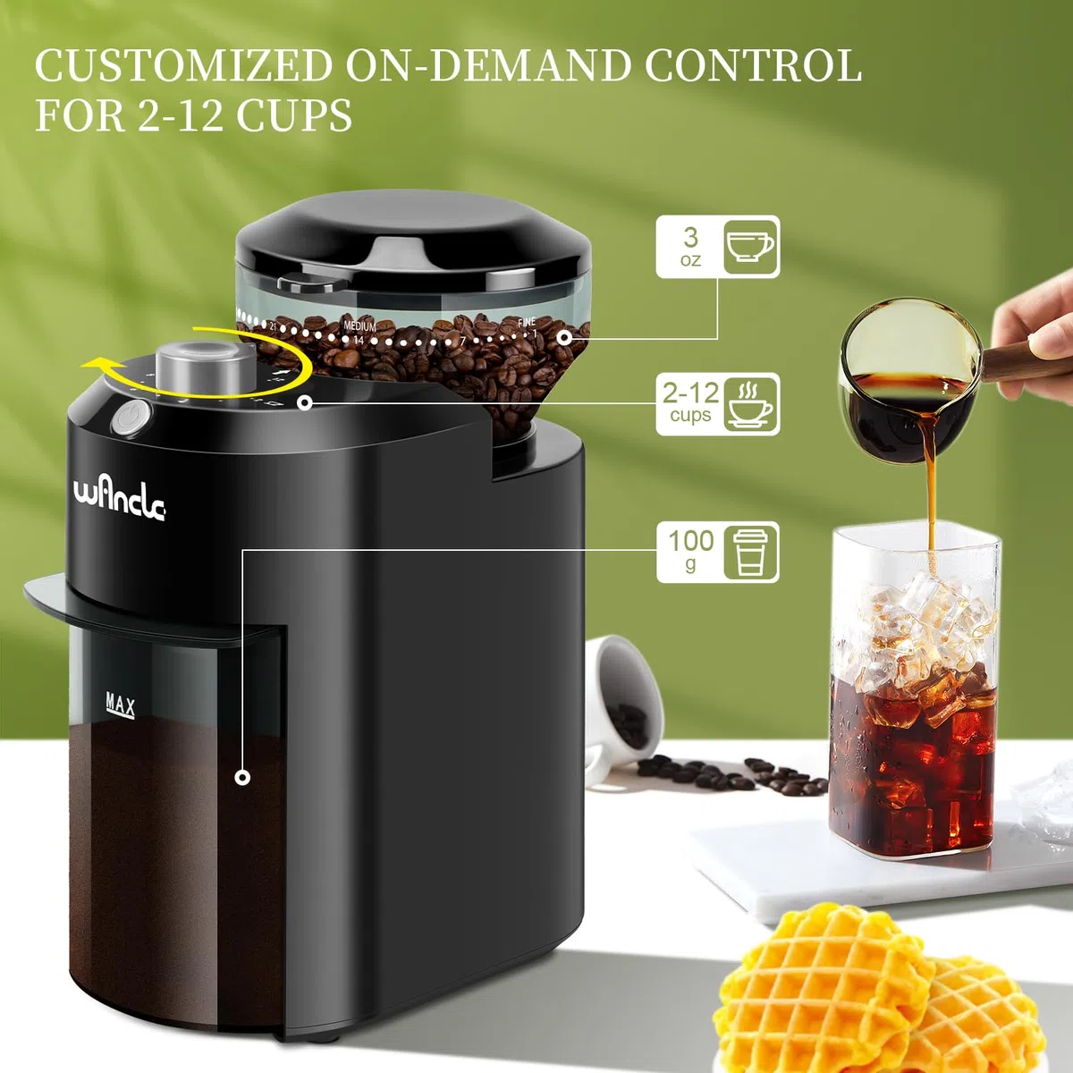 Macinacaffè, Macinacaffè Elettrico Wancle, Macinino Regolabile per Chicchi di Caffè, con 28 Impostazioni di Macinatura Precise per 12 Tazze (Plastica, Nero+Grigio)
