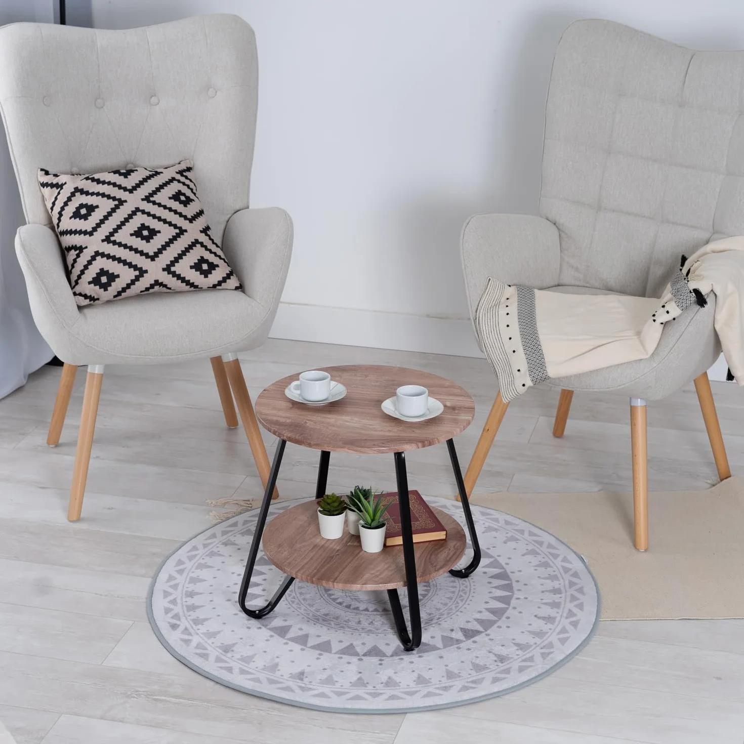 MEUBLE COSY Tavolino da caffè Rotondo Comodino con Ripiano per Soggiorno Camera da Letto, Design Scandinavo, Struttura in Metallo, Legno ingegnerizzato, Marrone Chiaro e Noir, 46x46x45cm