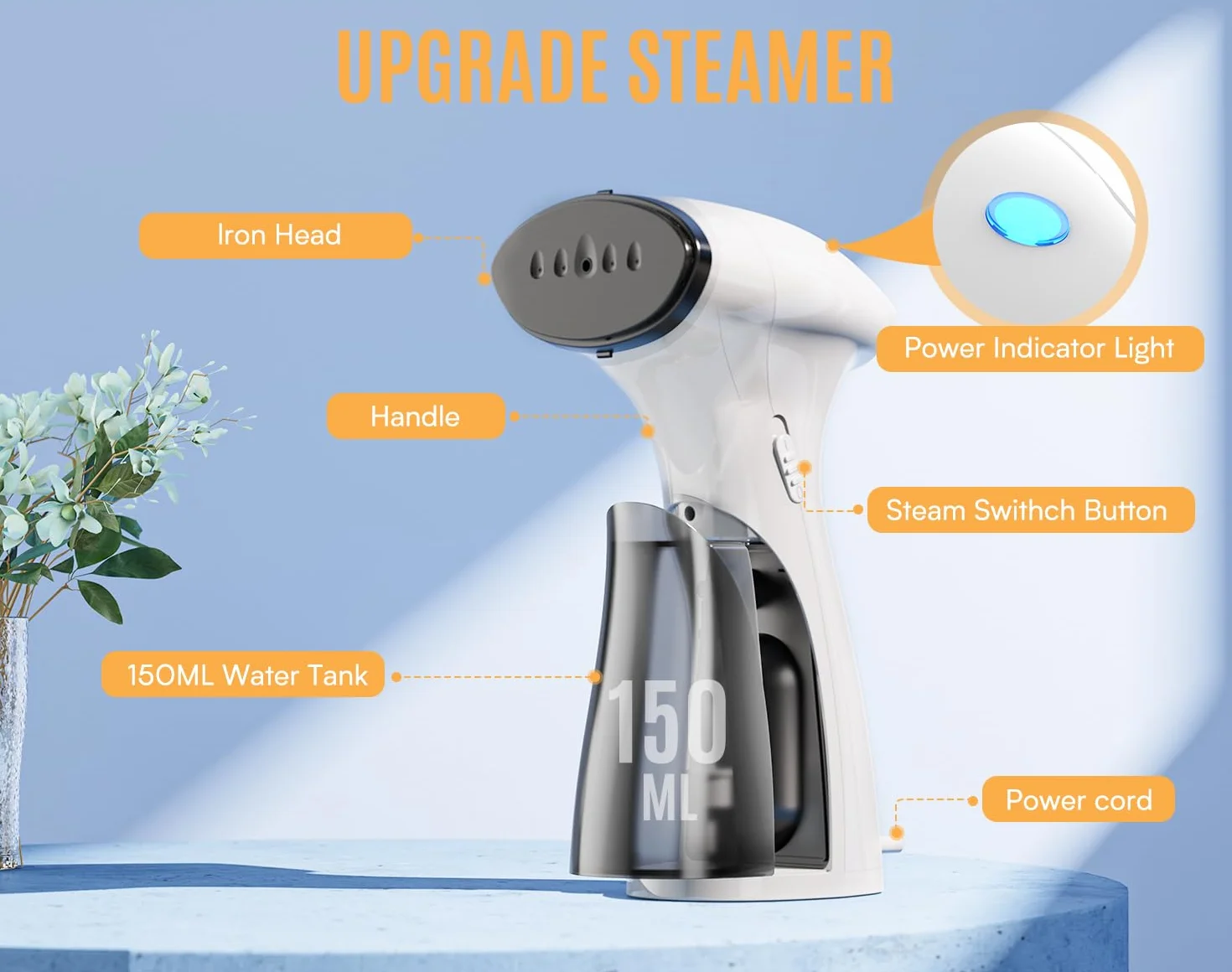 Ferro da Stiro Verticale 1600W, Stiratrice Verticale a Vapore Costante 25 g/min, Stiro Verticale da portatile da Viaggio Riscaldamento Rapido 30S da 2 in 1 Steamer per Stira Camicie, Bianco