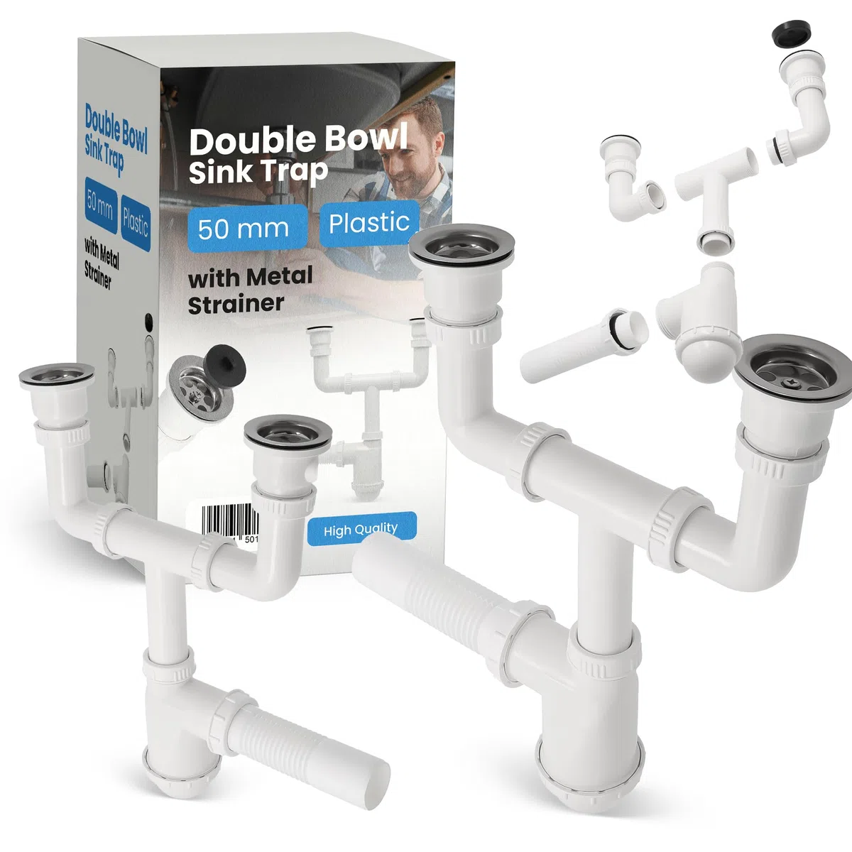 Sifone doppio da 50 mm, per lavabo doppio con filtro di scarico in metallo, filtro e tappo per lavello, sifone per lavandino, accessori per lavandino, sifone, lavandino, bagno e cucina
