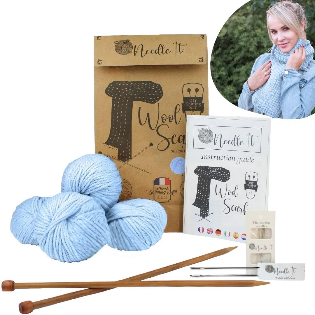 Kit completo per principianti con ferri da maglia – Sciarpa in lana per maglieria - Idea regalo (Blu Cielo)