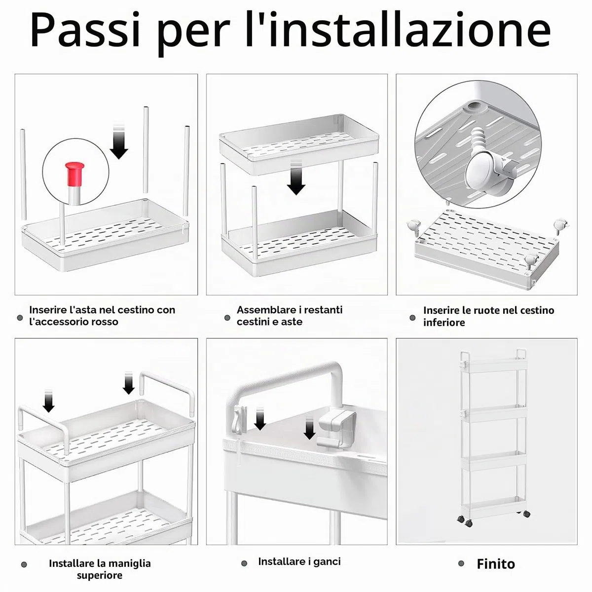 Elegante Carrello Arrotolabile a 4 Livelli, Multifunzione per Cucina, Organizer per Conservazione, Armadietto Sottile per Bagno, Lavanderia e Soggiorno
