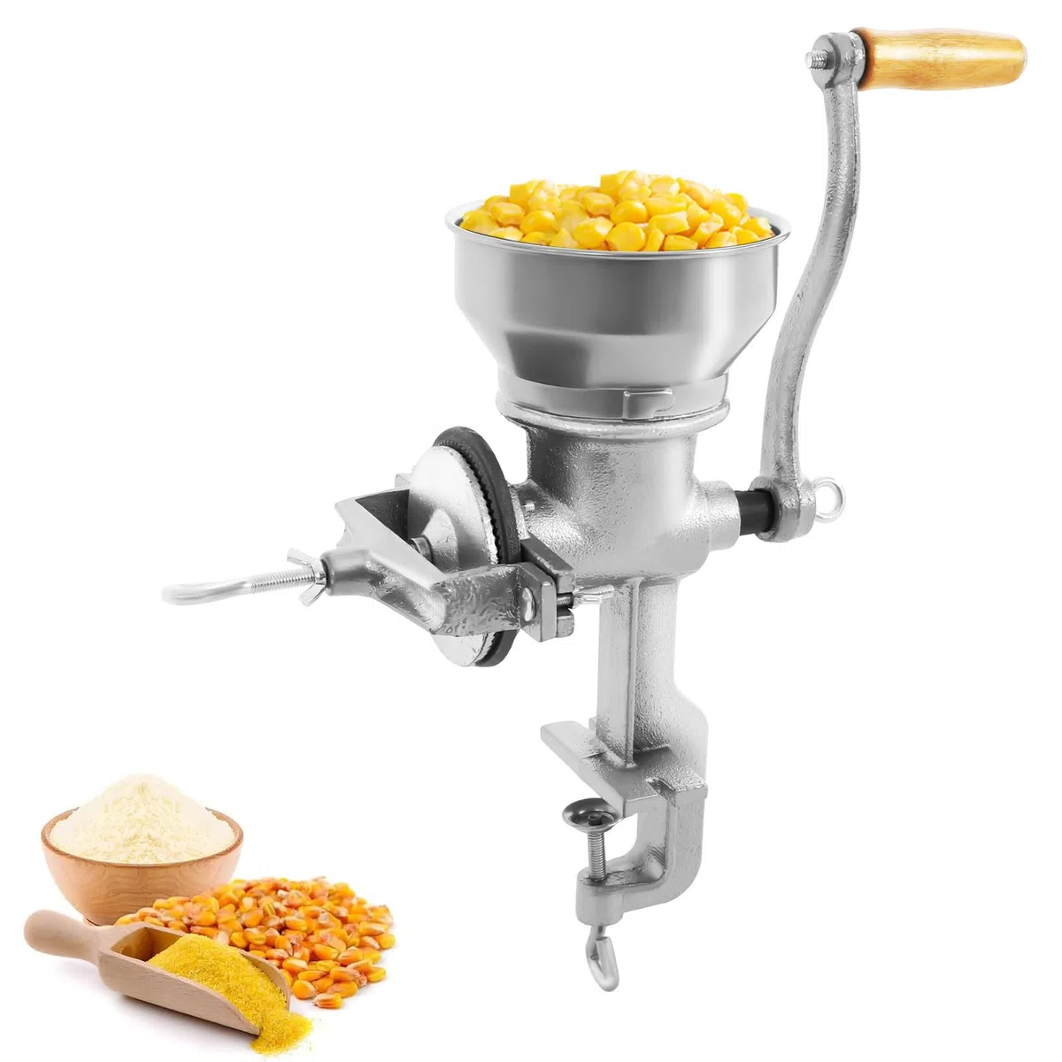 Macina per cereali manuale, 500 ml, regolabile, con imbuto basso e morsetto da tavolo, in acciaio inox, per noci, caffè, cereali, semi, mais, spezie,
