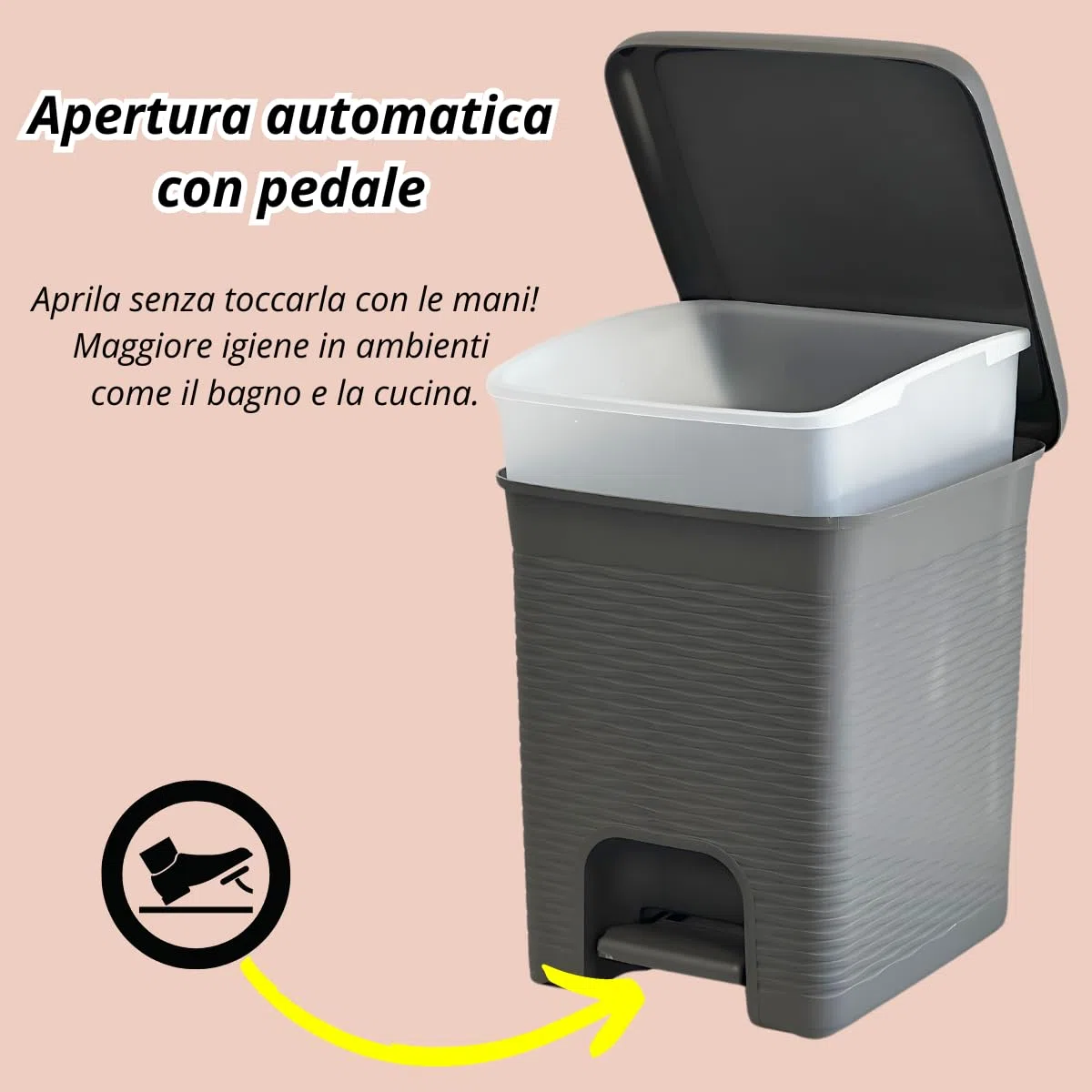 Tomaino - Pattumiera Bagno in plastica con pedale - Cestino da bagno con coperchio - Bidone immondizia Piccolo per Casa, Bagno, Ufficio, Interno, Camera (Tortora, 16 Litri)