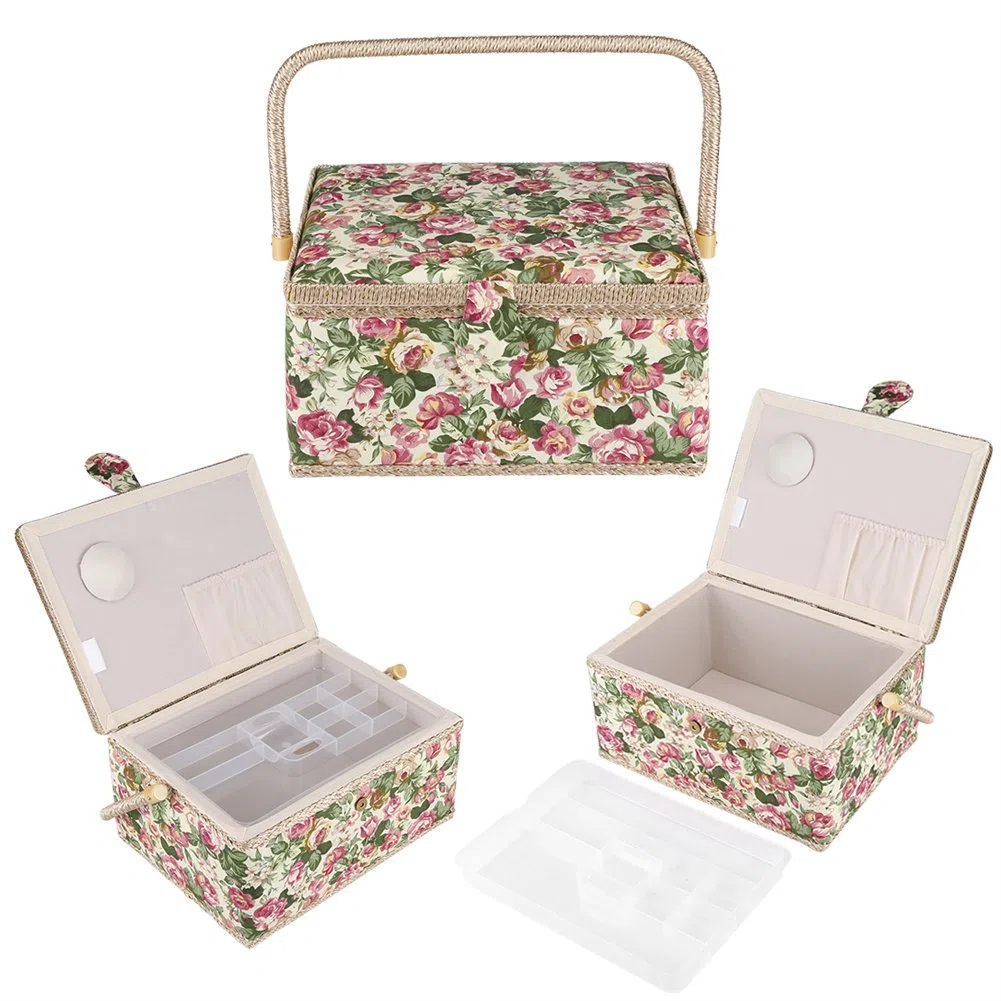 Scatola da cucito cestino da cucito, motivo floreale a rosa, cestino da cucito stampato con manico ergonomico per organizzatore domestico, 30,5 x 23,1 x 15,5 cm