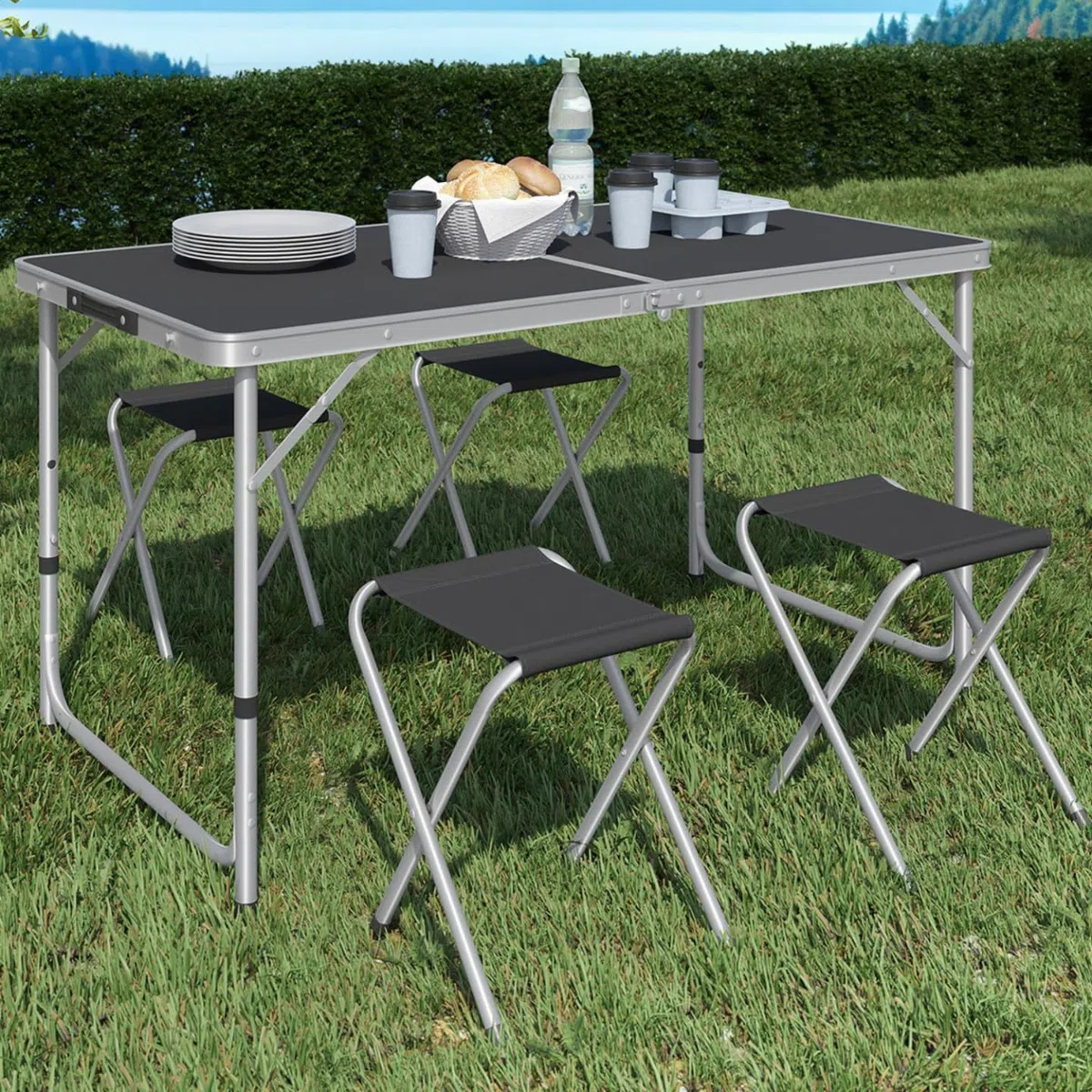 IDMarket - Tavolo da campeggio pieghevole regolabile in altezza da 120 cm e 4 sgabelli neri