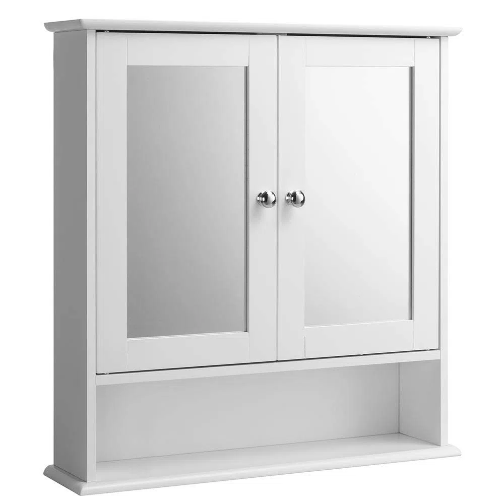 BAKAJI Mobiletto Specchiera Bagno Armadietto a Muro 3 Ripiani in Legno MDF Doppia Anta a Specchio con Apertura Centrale Dimensione 56 x 13 x 58 cm (Bianco Specchio)