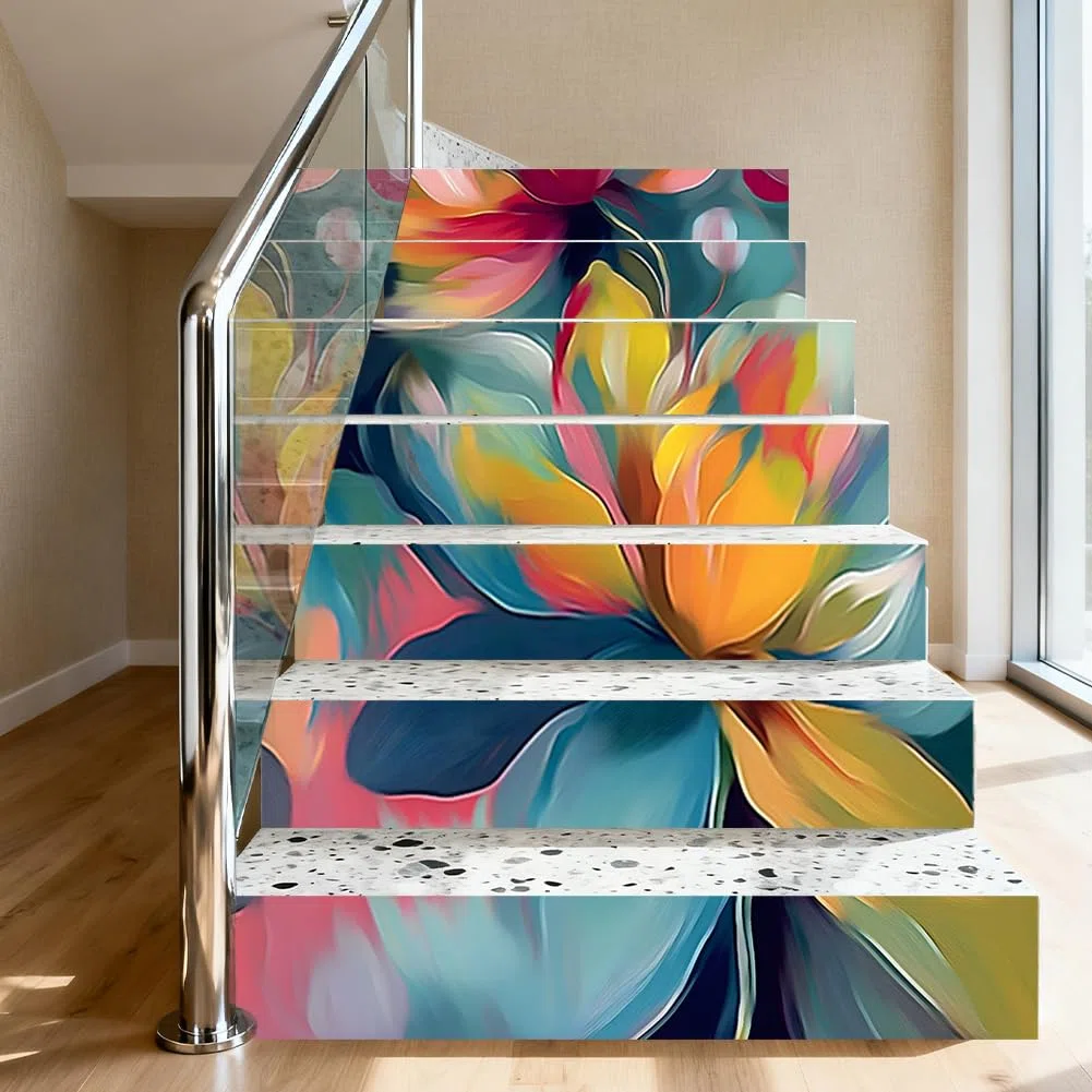 Hpbbspring 15 adesivi per scale con fiori rosa e gialle e piastrelle adesivi per piastrelle, autoadesivi, impermeabili, per gradini, fattoria, caffetteria, balcone, 100 x 18 cm