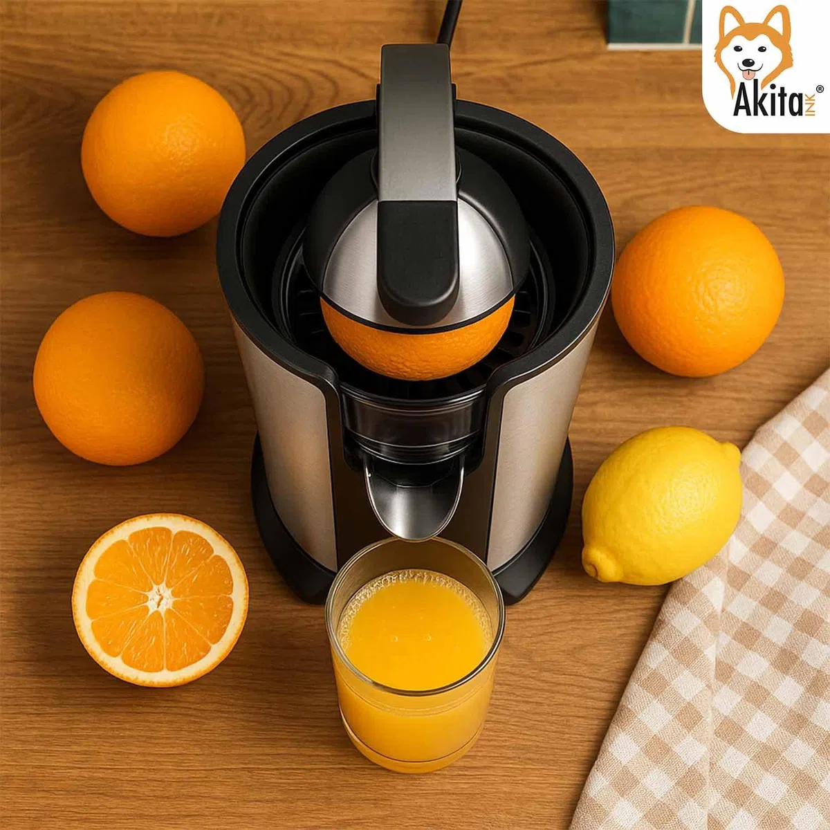 Akitaink Spremiagrumi Elettrico a Braccio 85W Acciaio Inox con Leva – Coni per Limone e Arancia Inclusi - Spremiagrumi Potente e Silenzioso