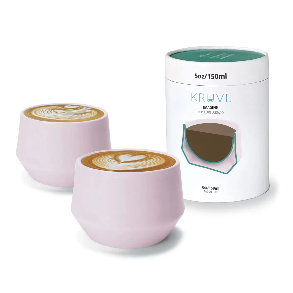 KRUVE Imagine - Tazza da latte in porcellana, a doppia parete, set da due, 141,7 g, colore: rosa