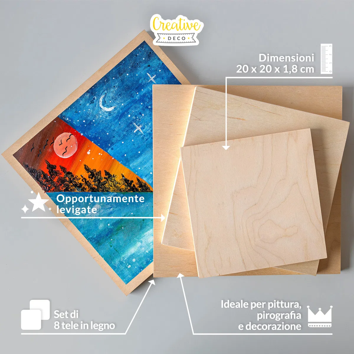 Creative Deco Pannelli di Legno per Pitturare | Set di 8 Pezzi | 20 x 20 cm | Travola Canvas Tela di Compensato | Ideale per Una Grande Varietà di Progetti Artistici