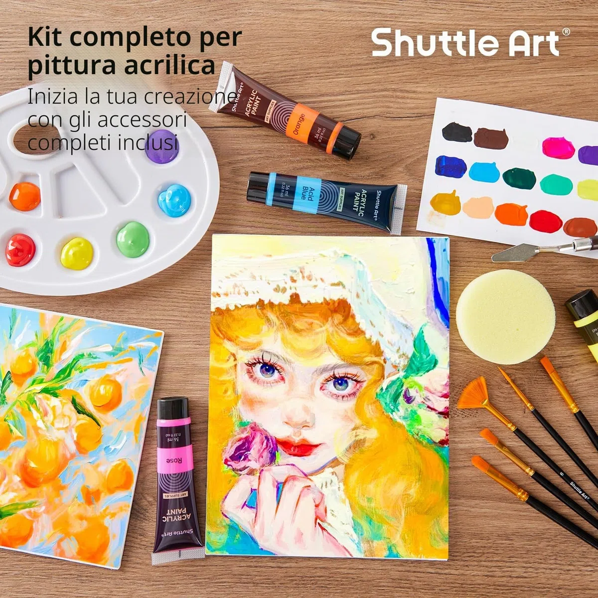Shuttle Art Colori Acrilici per Dipingere 48 Pezzi, Set Pittura da 30 Colori(36 ml) con 10 Pennelli, Spatola, Spugna, Tela, Tavolozza, Acrylic Paint per Artisti Principianti Bambini, Non-Tossico