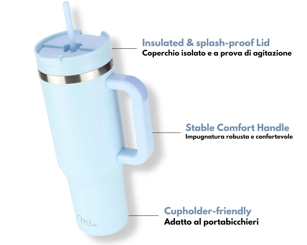 Milu Tazza termica a doppia parete 1200ml con cannuccia e manico, 24h ghiacciato / 12h caldo Tumbler 40oz in acciaio inox con manico, bottiglia isolante da portare con sé (Morning Blue, 1200ml)