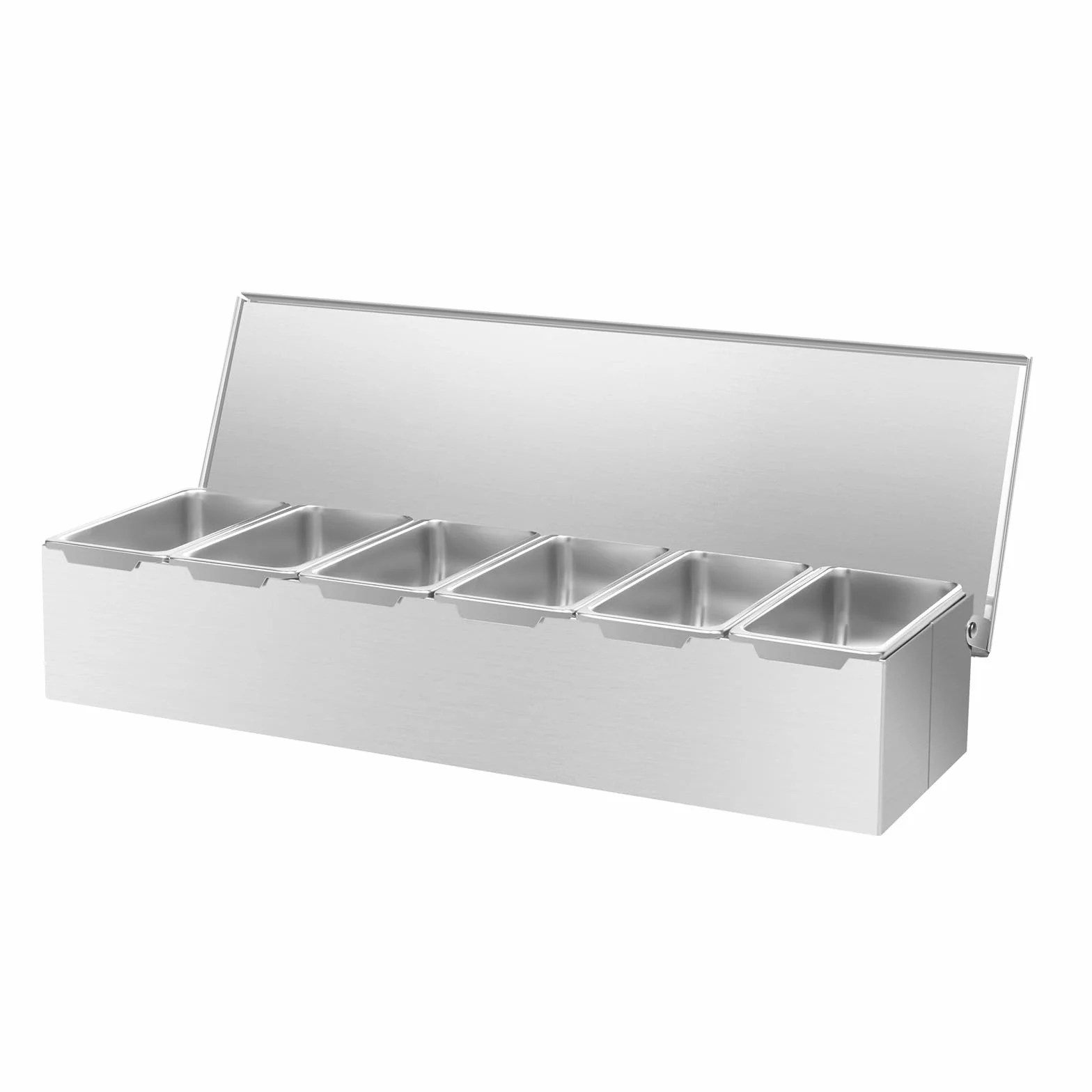 Contenitore per ingredienti in acciaio inox, 6 scomparti, accessori per la gastronomia, per la cucina, ristorante e catering, per sale, pepe, aceto, salsa al cioccolato