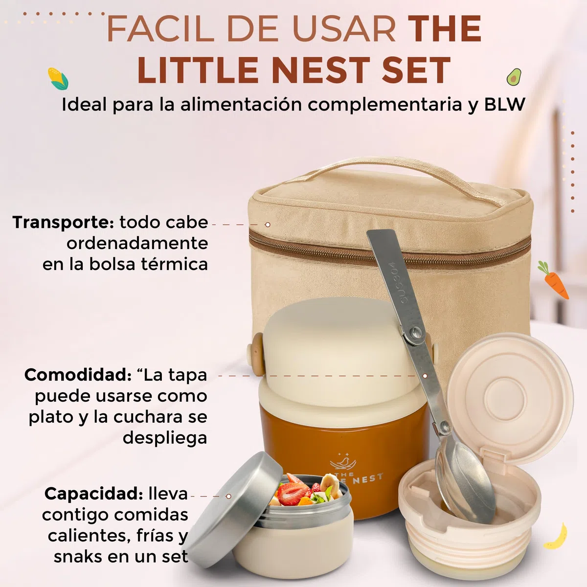 Set Thermos per alimenti per bambini 300 ml, in acciaio inox, 2 contenitori e custodia termica, chiusura ermetica, isolamento a doppia parete, mantiene caldo e freddo, senza BPA