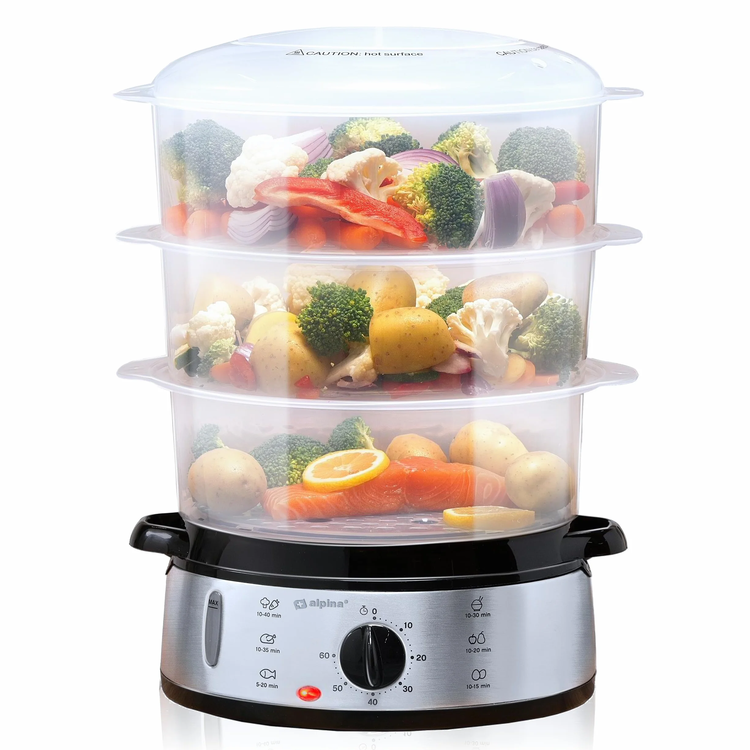 alpina Vaporeira Elettrica - Pentola a Vapore 800W - Steamer Vapore 3 Strati - Vaporiere Elettriche Senza BPA - Lavabile in Lavastoviglie - Da 0 a 60 Minuti - Capacità 9L - Grigio