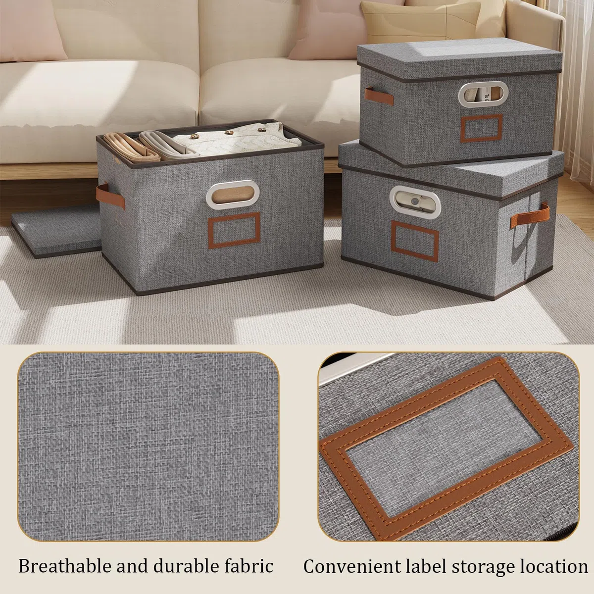 OUTBROS Scatole Portaoggetti con Coperchio, 38 x 25 x 25 cm Cesto Pieghevoli con Maniglie, Contenitori Armadio, Organizzatori per Vestiti (2 Pezzi, Grigio)