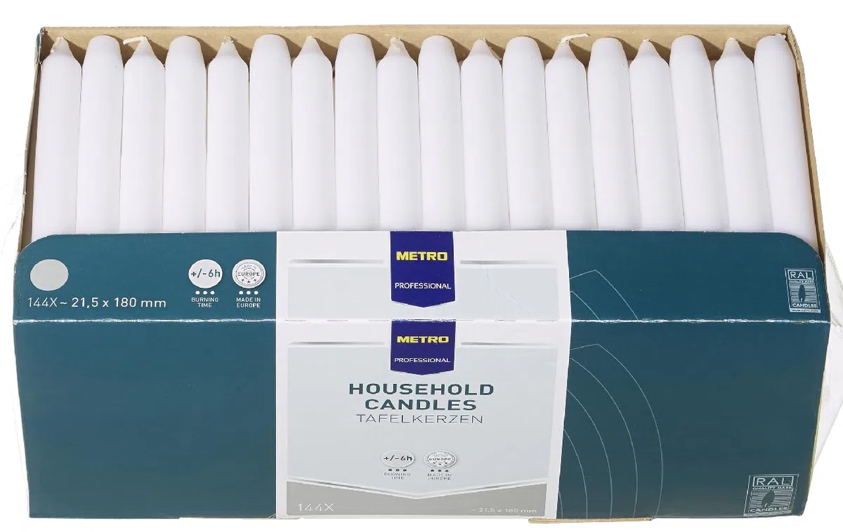 METRO Professional Candele da tavola, paraffina, 2,15 x 18 cm, durata circa 6 ore (Bianco, 144 pz)