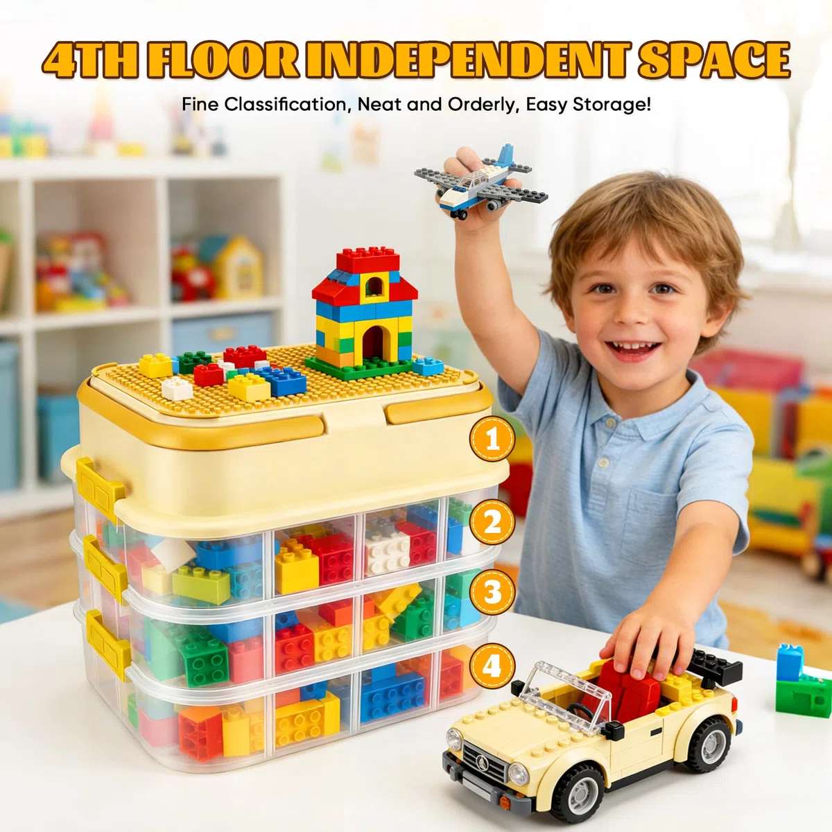 Scatola Porta Mattoncini 4 Cassetti con Coperchio, 33x25x26 cm, Contenitore Trasparente per Organizzare Mattoncini e Puzzle, con Maniglia e Vassoio Estraibile (5L, Giallo)