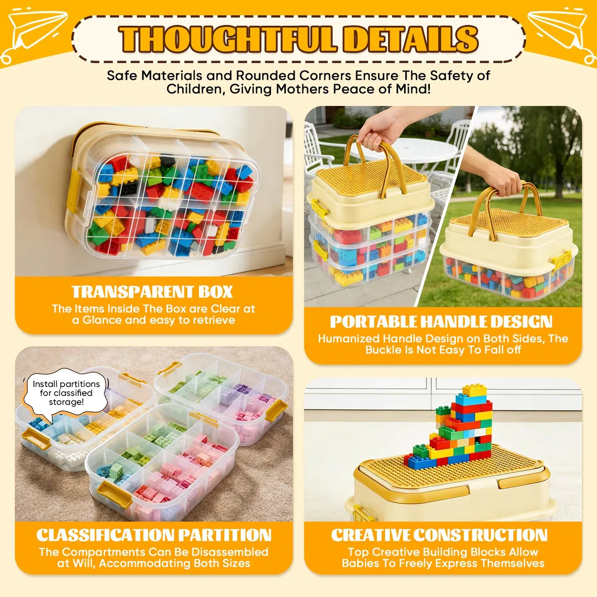 Scatola Porta Mattoncini 4 Cassetti con Coperchio, 33x25x26 cm, Contenitore Trasparente per Organizzare Mattoncini e Puzzle, con Maniglia e Vassoio Estraibile (5L, Giallo)