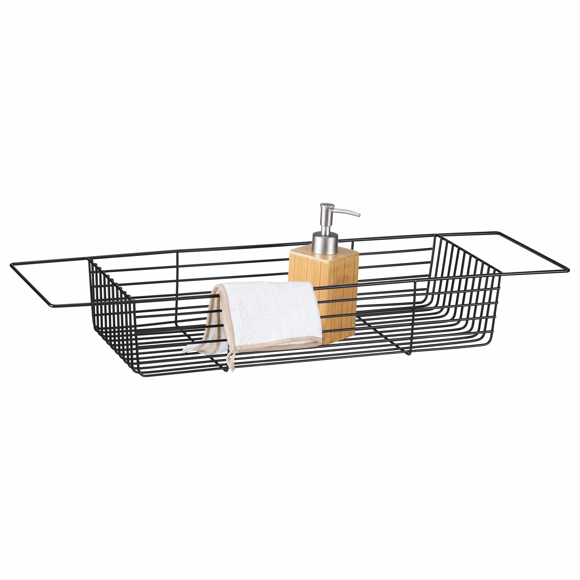 Navaris Vassoio Vasca da Bagno in Metallo - Cestino Portaoggetti 70x20x10cm - Mensola Porta Oggetti - Scaffale Organizer Porta Saponi - Tavolino Nero