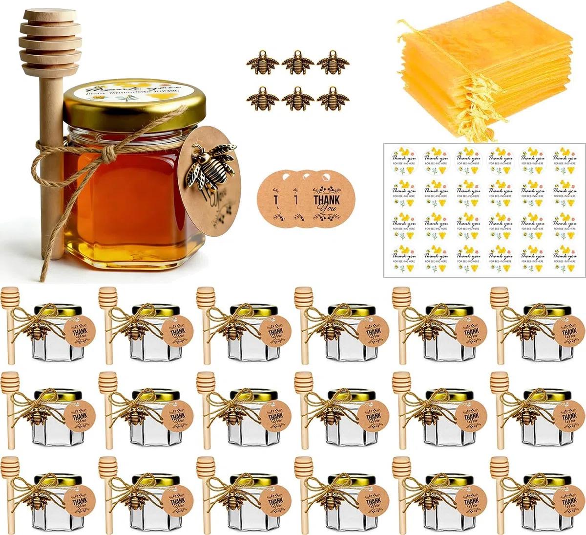 Vasetti Miele, Piccoli Barattoli Bomboniere Ber la Comunione, Contenitori per miele Bomboniere, Barattolini Miele Sacchetti Organza per Natale Battesimo, 20 Pezzi 45ml