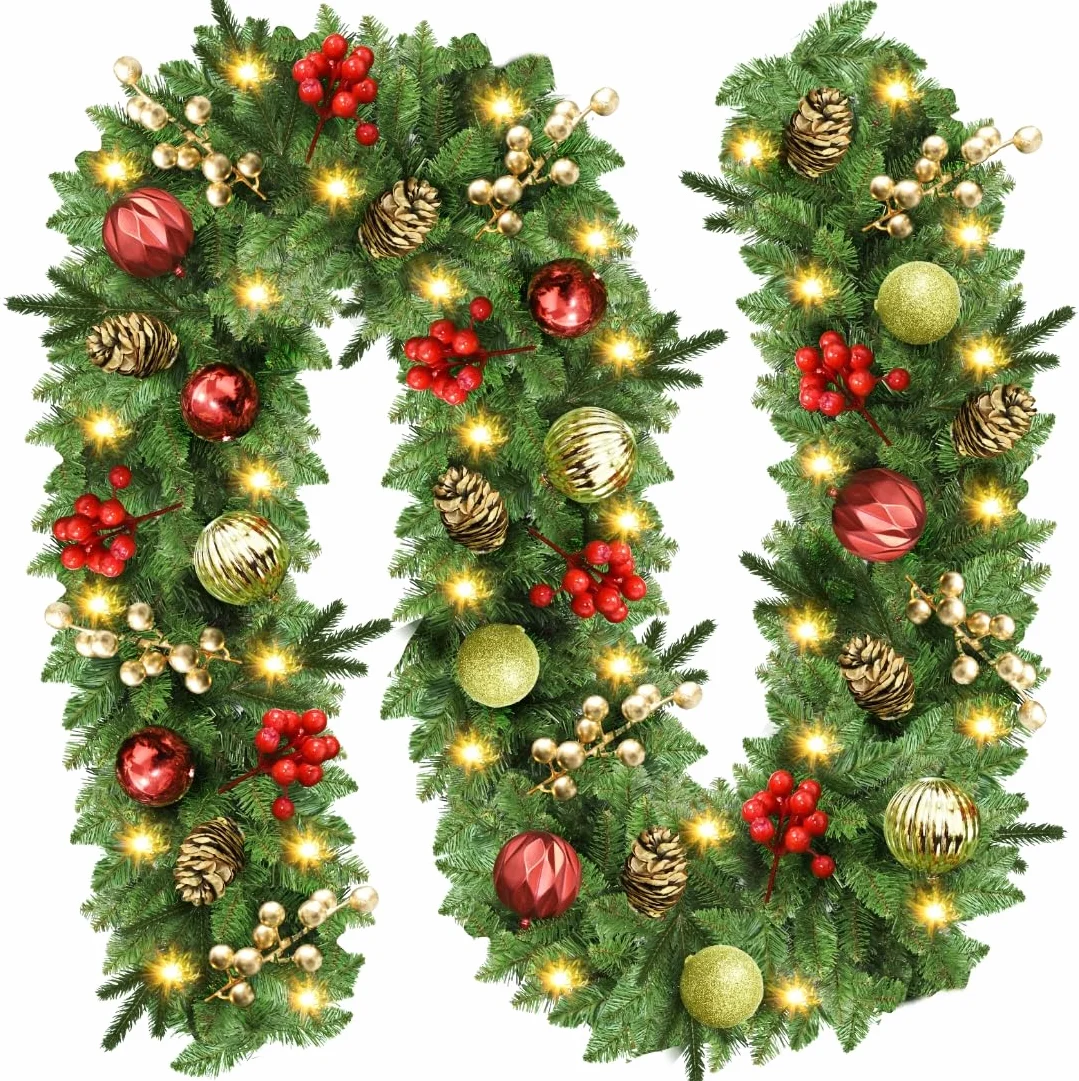 Ghirlanda Natalizia, 2.7M Ghirlanda Natalizia per Porta Interno e Esterno con 220 Rami Verdi, Ghirlande Natalizie Artificiale con Luci LED, Decorazione Natalizia per Camino, Pareti, Scale, Giardin