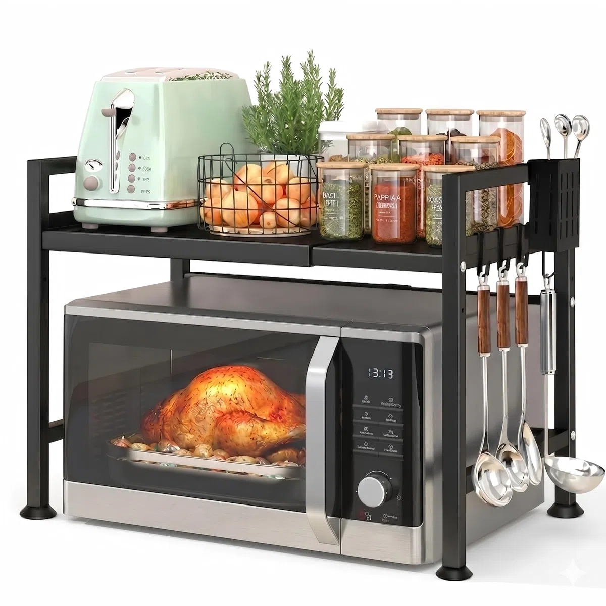 Mensola Microonde, Scaffale da Cucina Estensibile, Supporto Microonde Salvaspazio, Ripiano per Microonde con 6 Ganci 1 Porta Utensili da Cucina, Mobiletto Cucina Microonde Nero