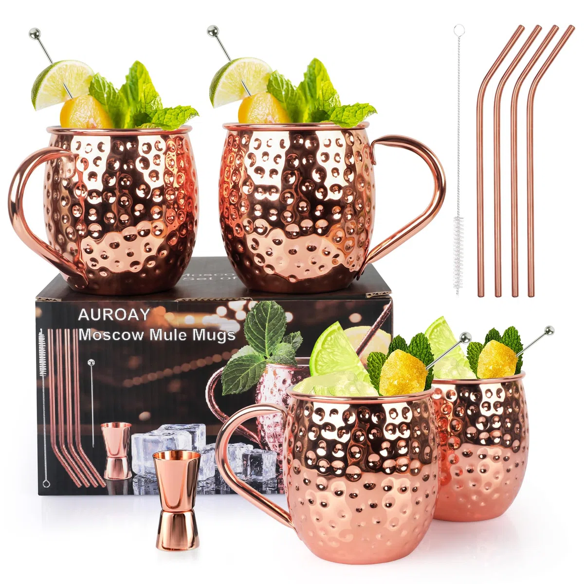 Bicchieri Moscow Mule Rame,Set di 4 Tazze Moscow Mule,Boccali Placcati Rame Fatto a Mano in Acciaio Inossidabile 550ml,Bicchieri Cocktail Mugs con Cannucce Spiedini Mosurino Scovolino