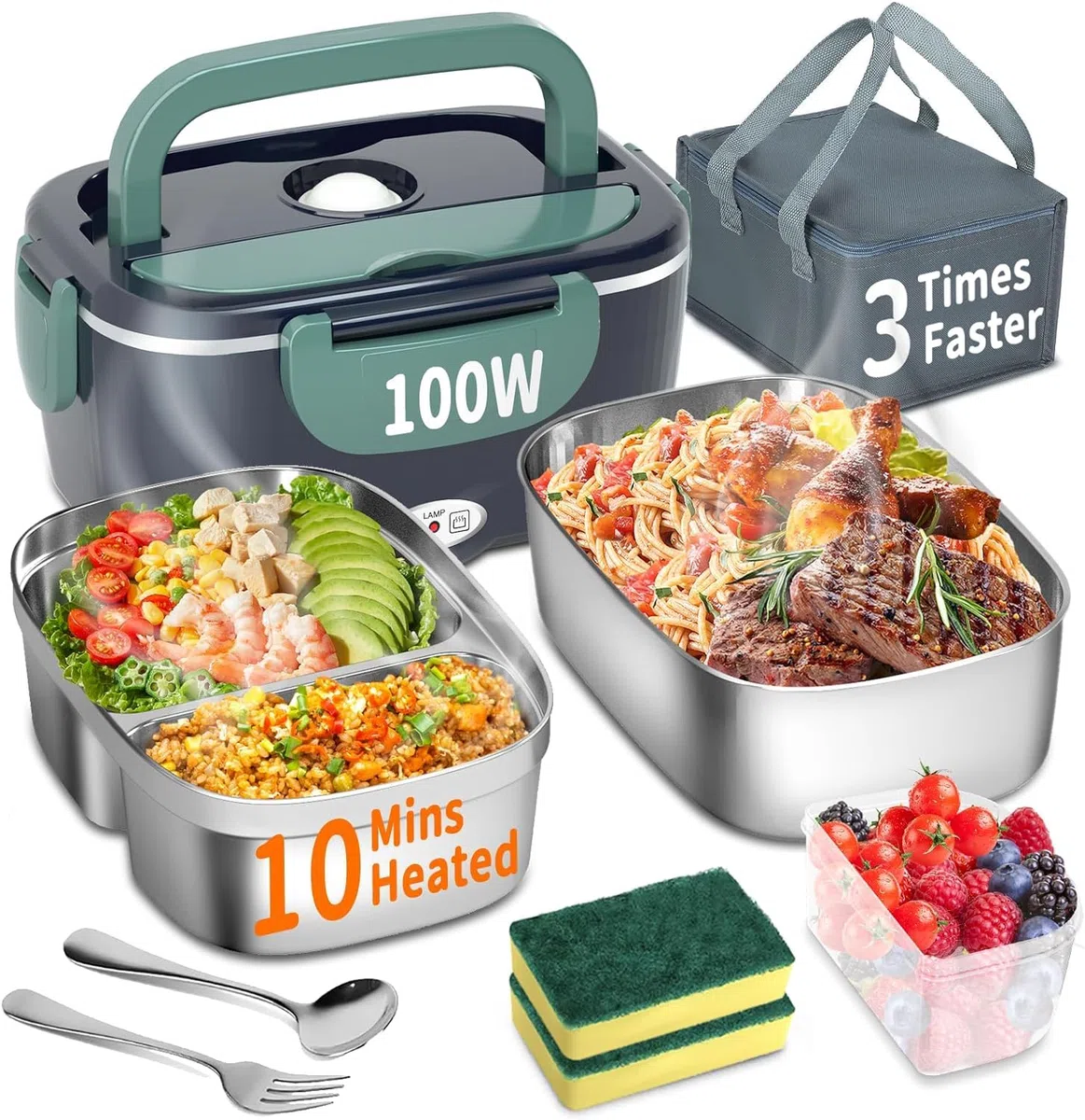 Contenitore per il pranzo elettrico 100 W, 3 in 1, contenitore per il pranzo riscaldato portatile, in acciaio inox, 12 V/24 V/220 V, contenitore termico isolato per auto, camion (NavyGreen, 1,5 L)