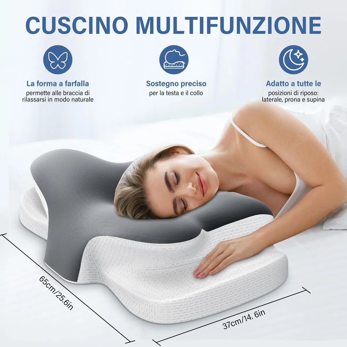 Ehomfory Cuscino Cervicale, 2 in 1 Ergonomico Cuscino in Memory Foam per Dormire, Cuscino per Supporto Cervicale con Federa Sfoderabile e Lavabile, Grigio