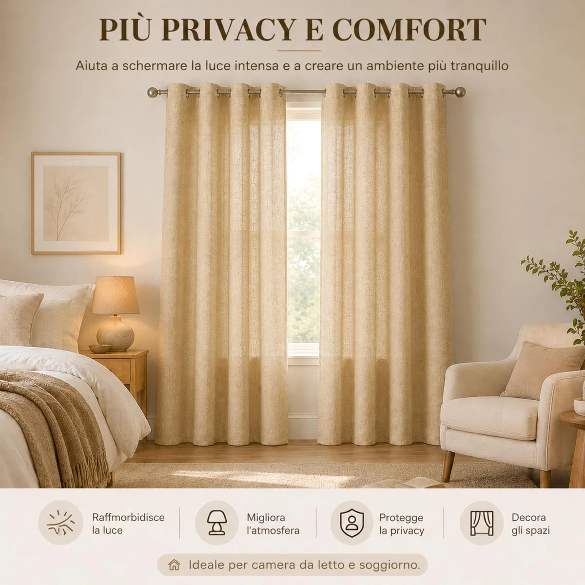 VKZ Tende Semitrasparenti Effetto Lino con Occhielli, Set da 2 Pannelli, Tende per Interni Soggiorno Camera da Letto Cucina, 140 x 290 cm,Beige