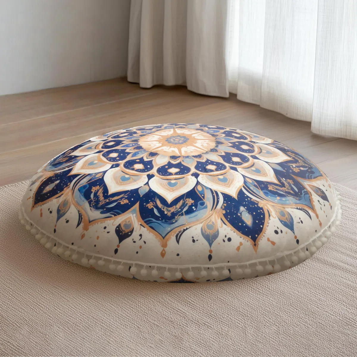 Cuscino per Meditazione Rotondi, Cuscino da Pavimento con Fodera Rimovibile e Lavabile, 80 cm Grande Cuscino Yoga Ergonomico con Decorazioni Pompon, Uso Interno/Esterno, Blu navy