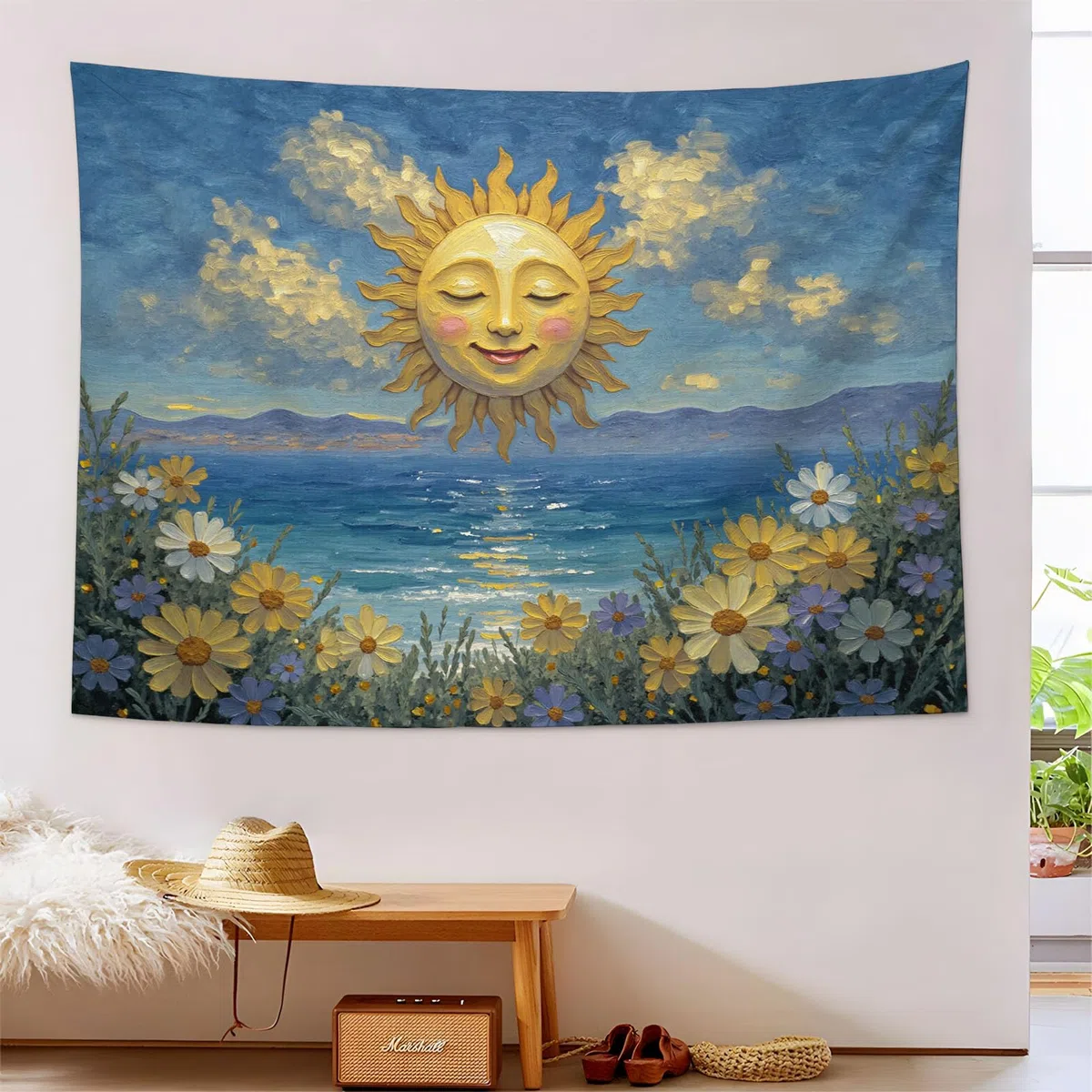 Arazzo Paesaggio Marino,da appendere alla parete,Arazzo Dipinto Olio Raffigurante Un Sole Sorridente Una Spiaggia Fiori da Parete per Dormitorio,Camera da Letto e Soggiorno,230x180cm,giallo verde