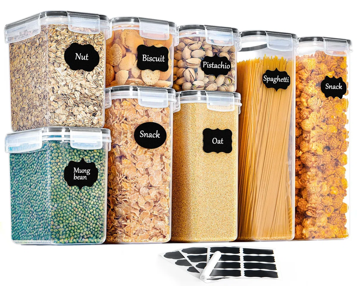 GoMaihe 8 contenitori alimentari da cucina, con chiusura ermetica, in plastica sigillata con coperchio, per conservare cereali, pasta, farina, cibo per animali domestici