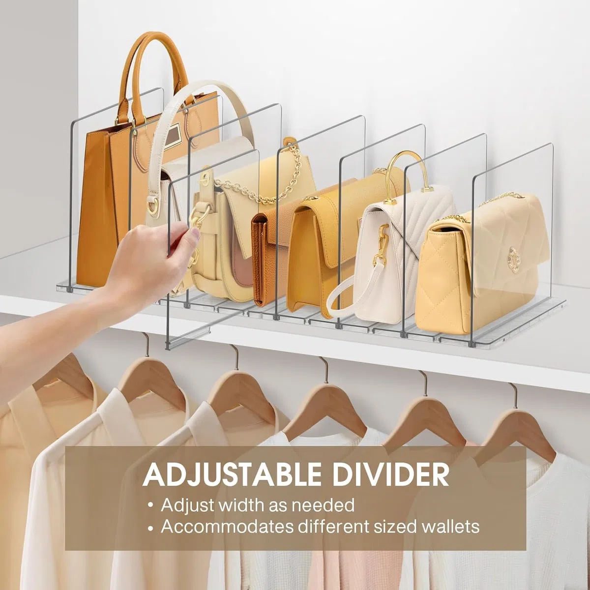 DoubleCare 8 Pezzi Organizer per Borse, Mensole Guardaroba，Divisorio per Ripiani in Acrilico TrasparenteSeparatori per Armadi Regolabili con Base, Perfetto per Borse, Cucine, Librerie, Armadi