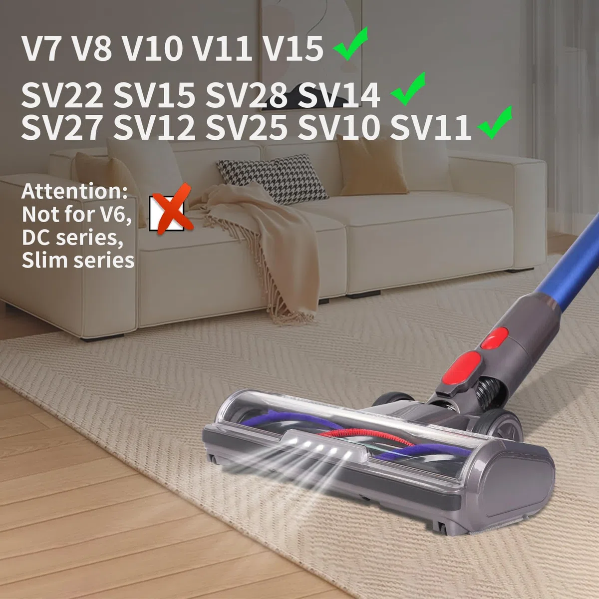 Spazzola Compatibile con Dyson V7 V8 V10 V11 V15 Accessorio per aspirapolvere Bocchetta per Pavimenti con 5 Luci Anteriori Larghe 26 cm