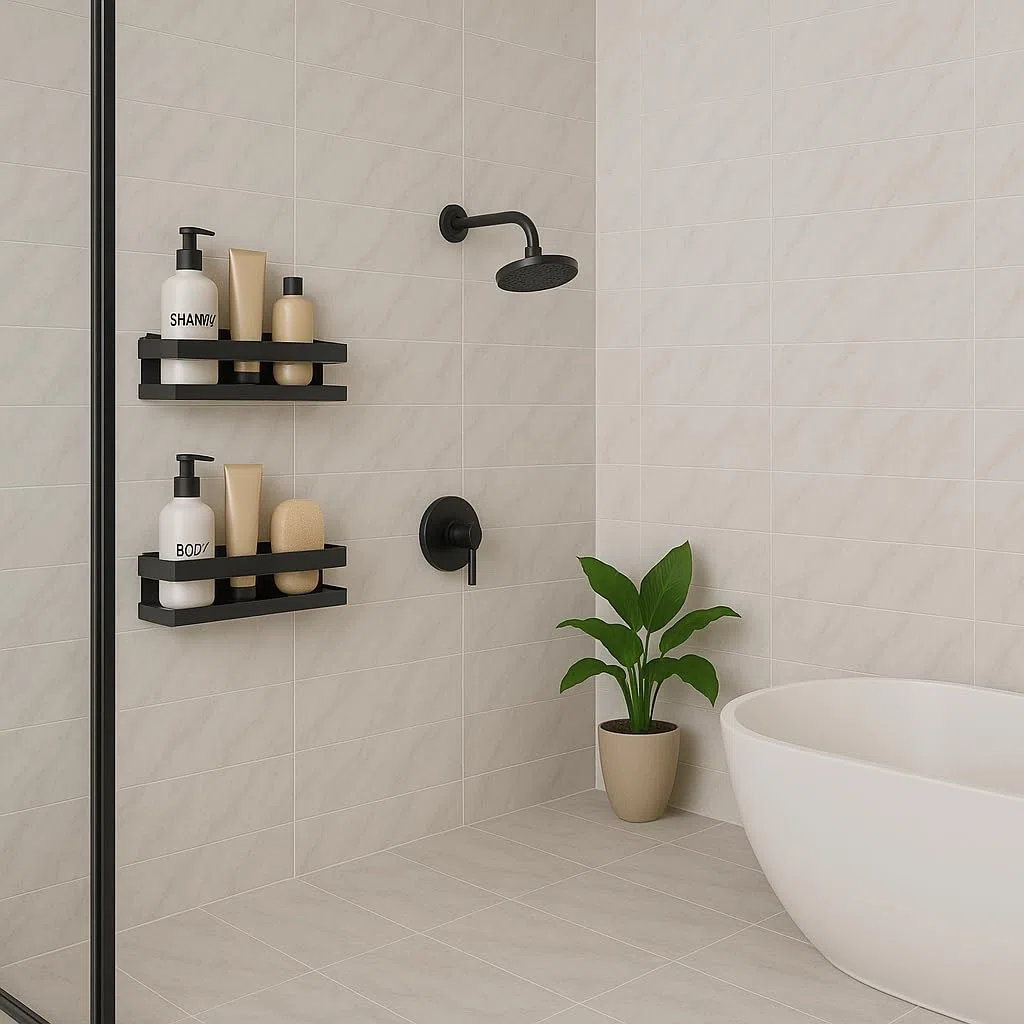 Cesto Doccia - Mensola Bagno - Organizer Bagno - Mensola Doccia - Mensola Shampoo -Senza Foratura (Nero, 30 CM)