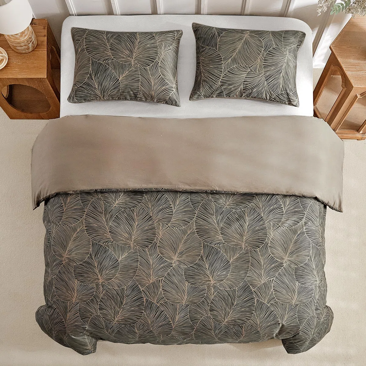 Tokokimo Set di biancheria da letto super king size, motivo con foglie tropicali, in morbida microfibra, estivo, 260 x 220 cm, con 2 federe, cachi/tropicale
