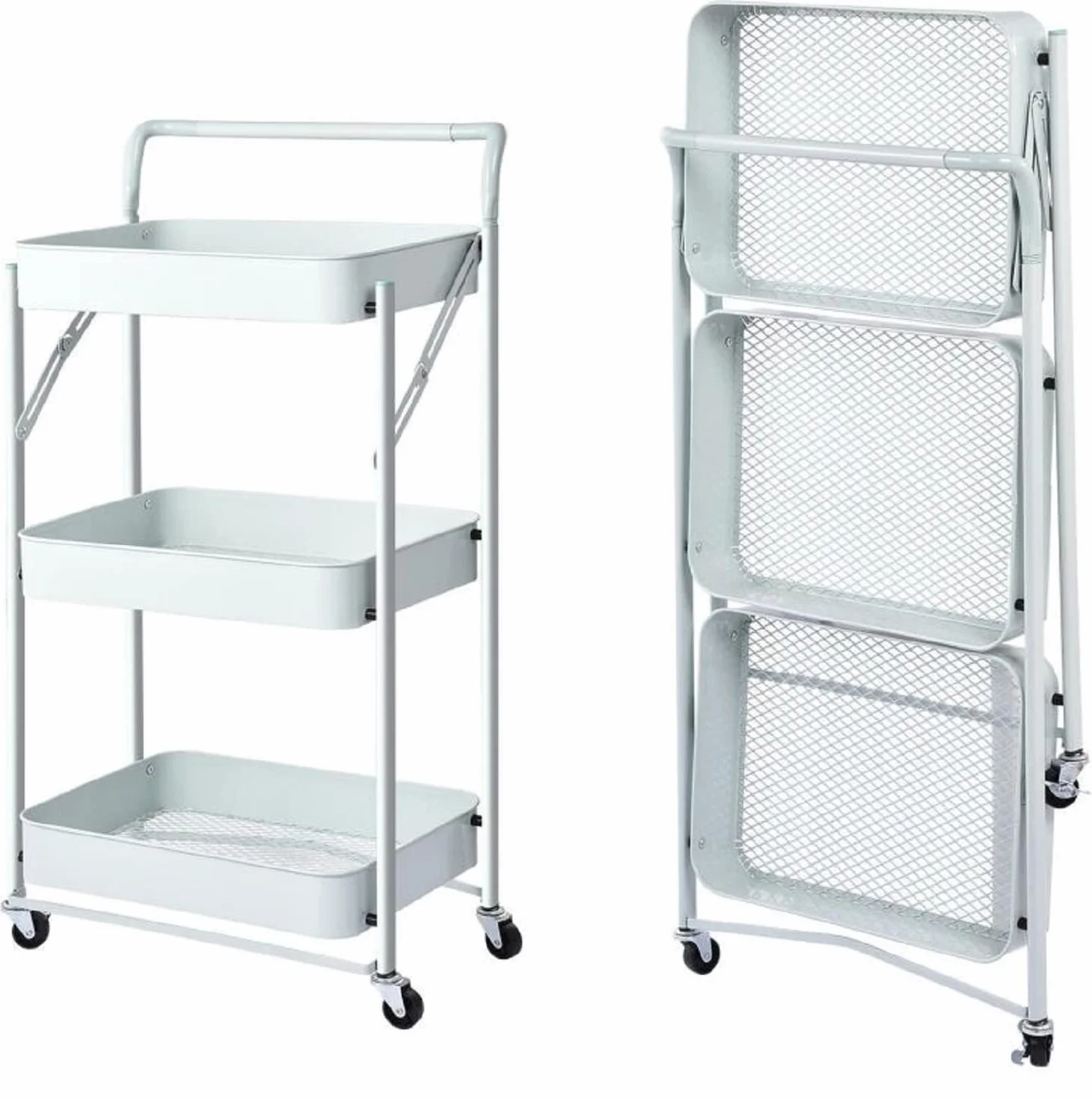 Megashopitalia Carrello Cucina Pieghevole Multiuso con Manico 3 Ripiani Cestelli 4 Ruote girevoli e Freno Integrato in Metallo Trolley Salvaspazio da Servizio Bianco