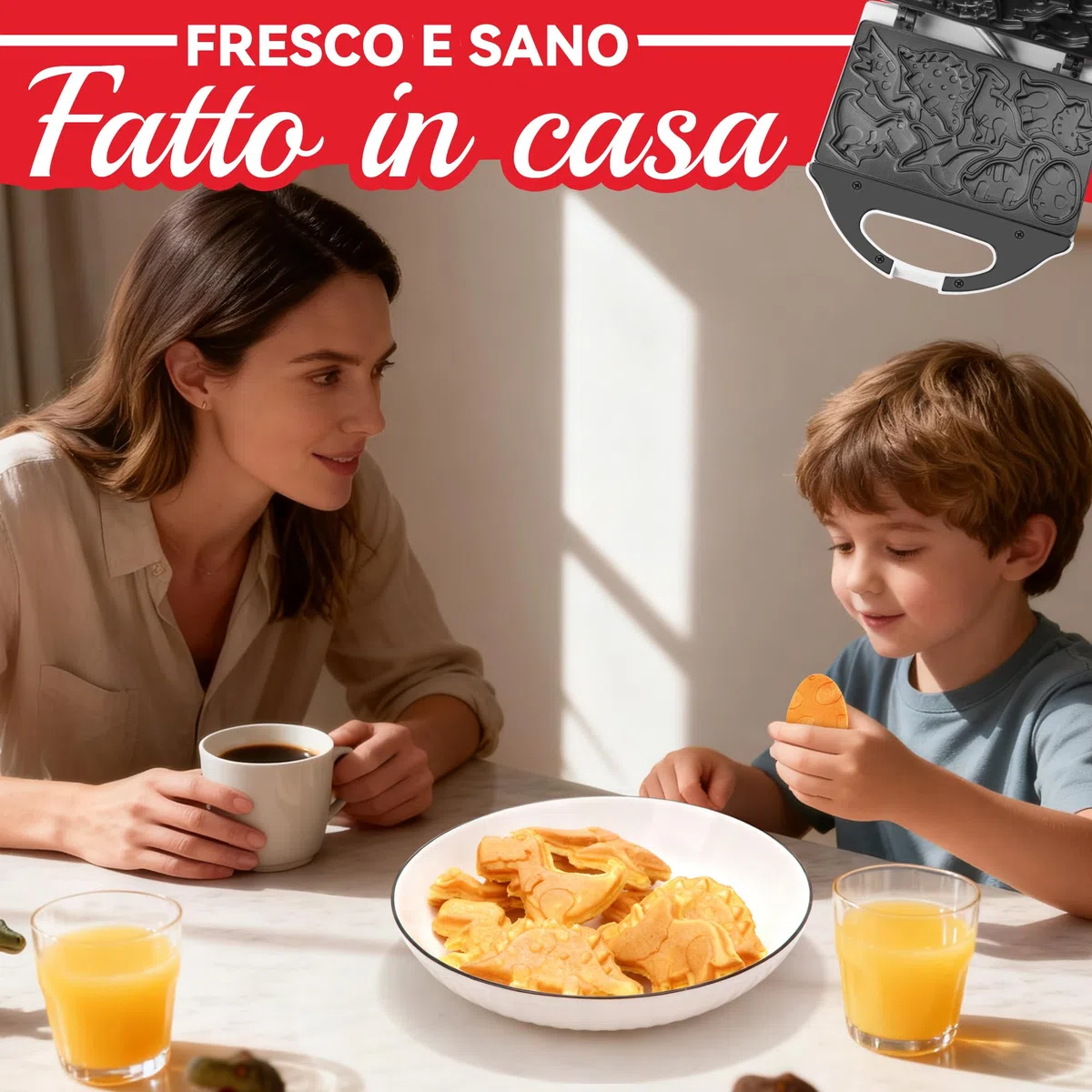 SugarWhisk Mini Piastra Waffle, Piastra Per Waffle, Mini Waffle Maker Con 8 Motivi Di Dinosauri, Amato Dai Bambini, Bianco